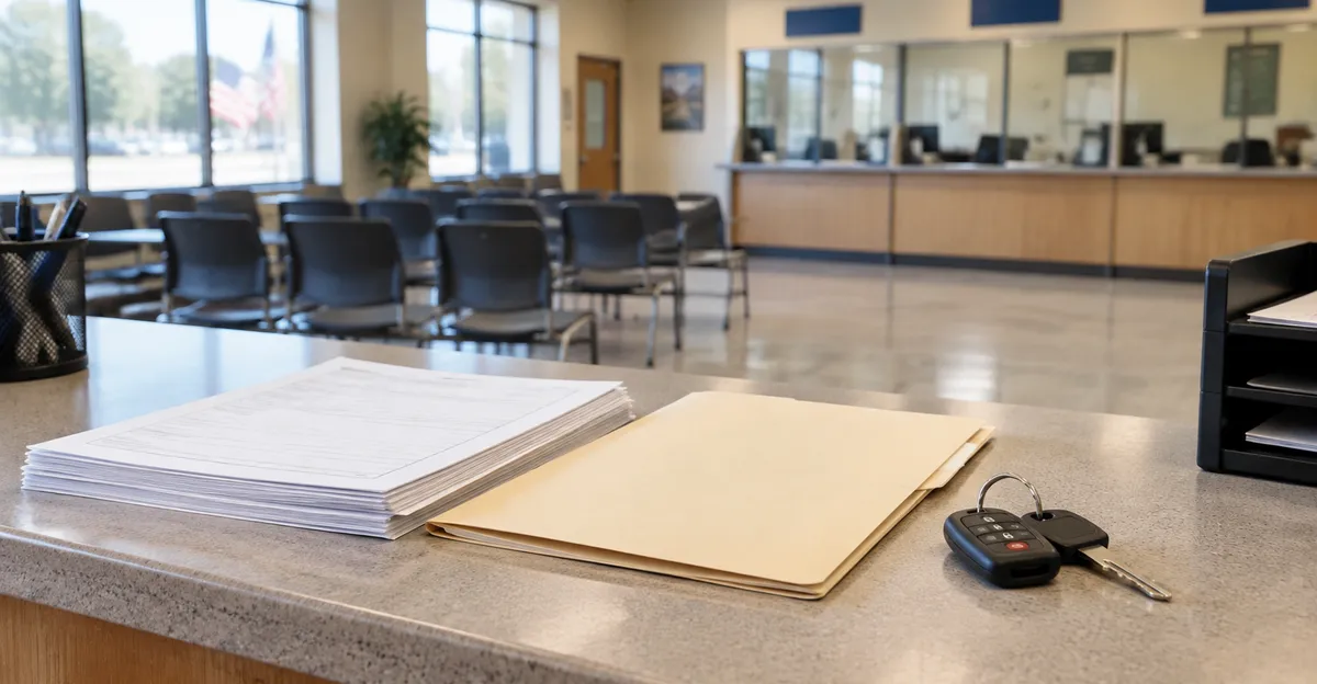 Missouri license office counter with blank vehicle forms, keys, and a folder, no readable text or logos