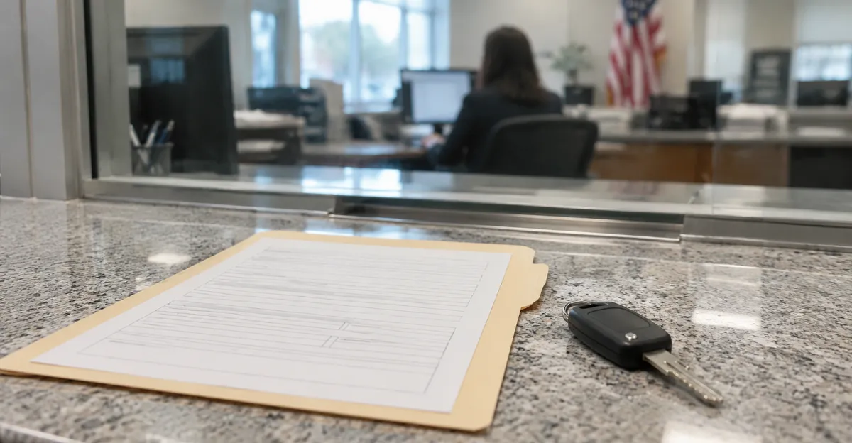 Missouri county assessor style counter with a stamped tax receipt folder and car keys, no readable names or logos