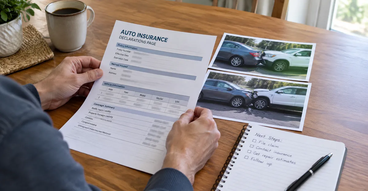 Person reviewing an auto insurance declarations page and crash photos at a kitchen table