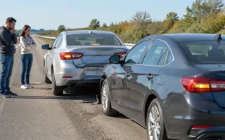 Two cars stopped on a highway shoulder after a collision with hazard lights on