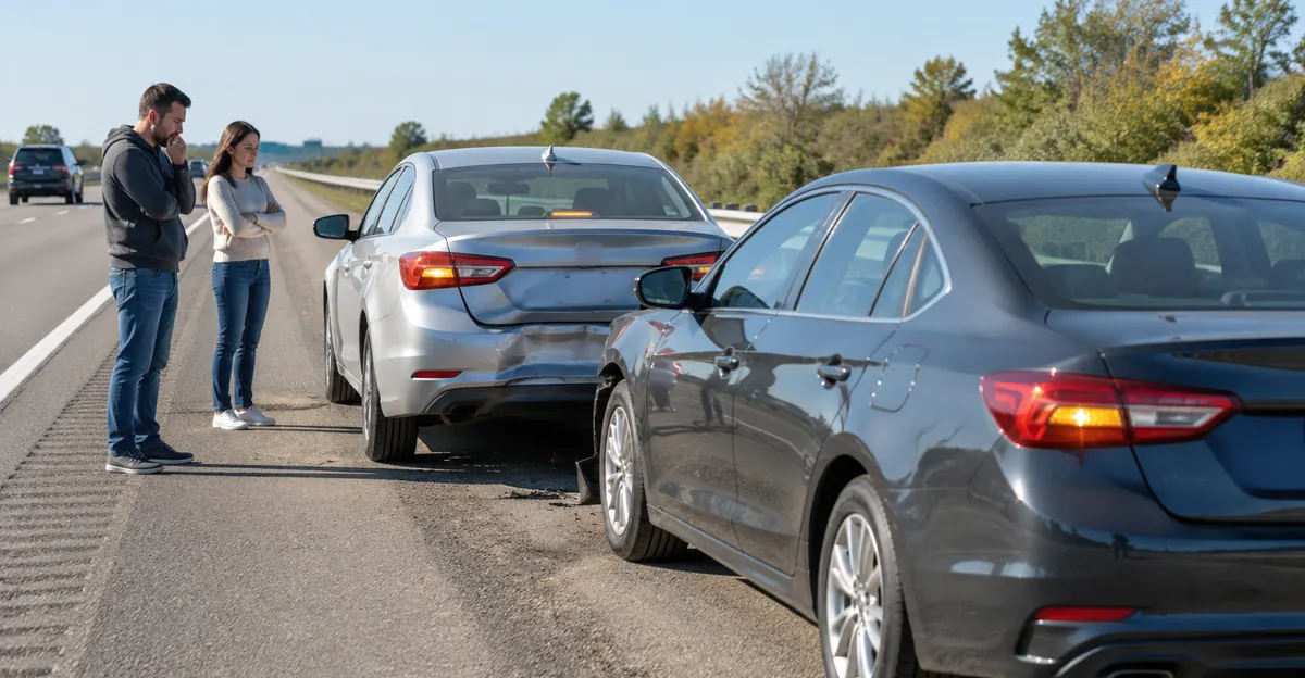 Two cars stopped on a highway shoulder after a collision, hazard lights on, drivers standing clear of traffic