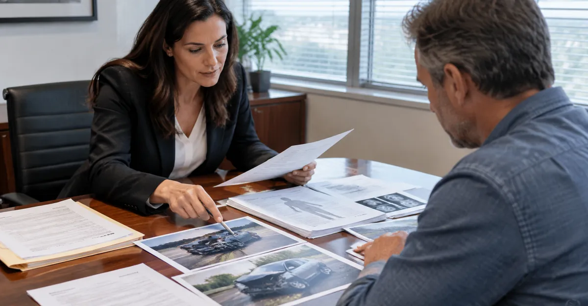 Attorney and client reviewing crash photos and medical paperwork across a conference table