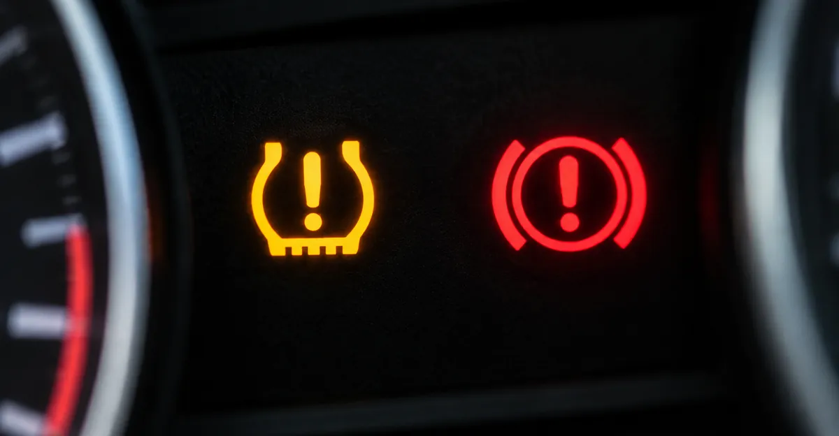 Close instrument-cluster view showing a yellow tire-pressure horseshoe with an exclamation mark next to a red brake circle with an exclamation mark