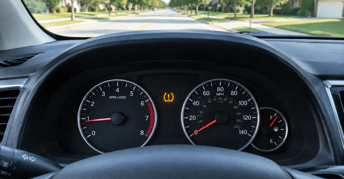 Driver view of a U.S. instrument cluster with the amber tire-pressure horseshoe and exclamation mark lit