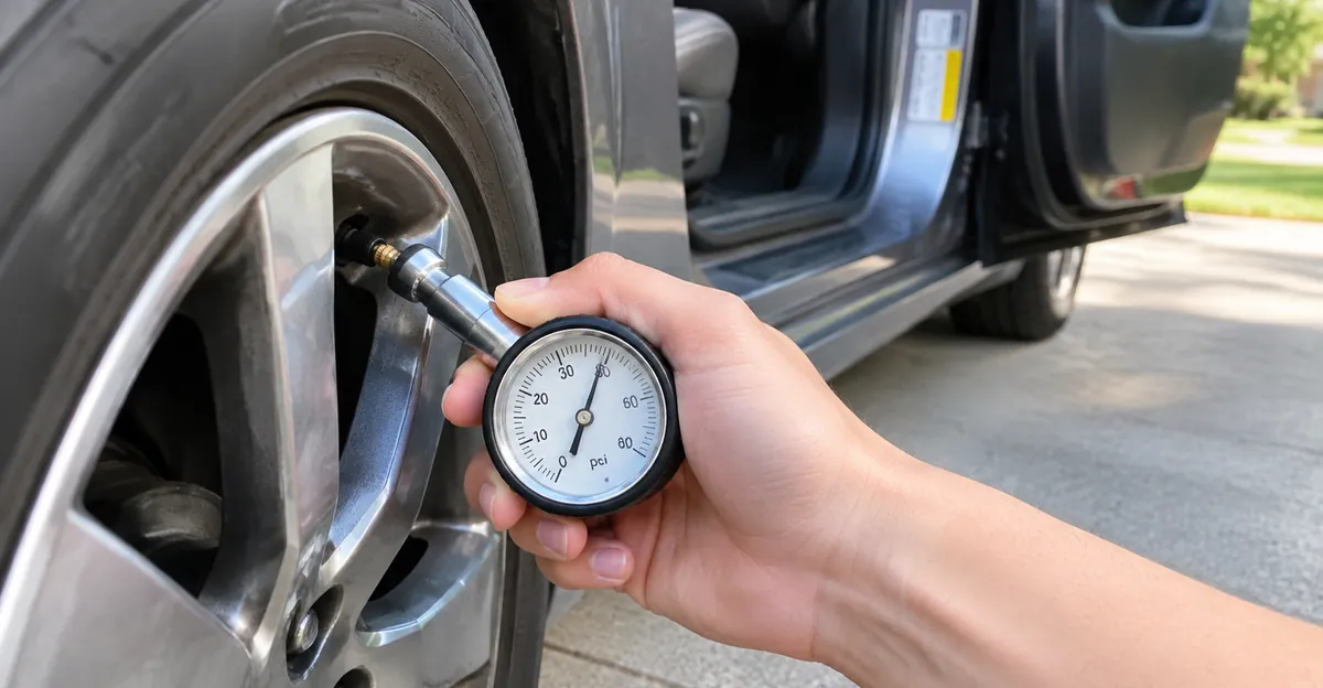 Driver-door jamb tire-pressure placard beside a handheld gauge on a cold tire valve