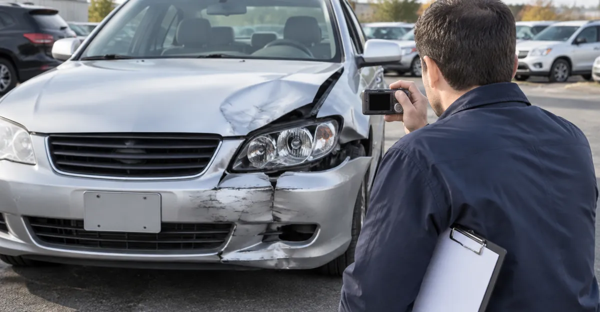Insurance adjuster photographing a leased sedan with front-end damage in a U.S. claims lot