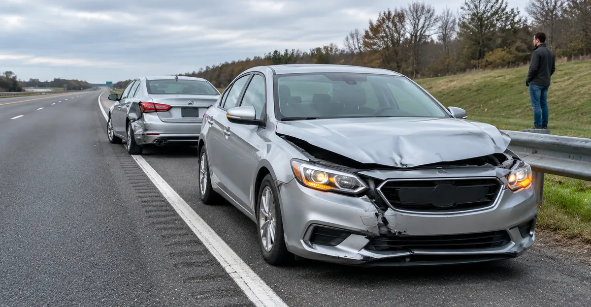 Two cars on a U.S. highway shoulder after a collision, hazard lights on, a leased sedan with front-end damage