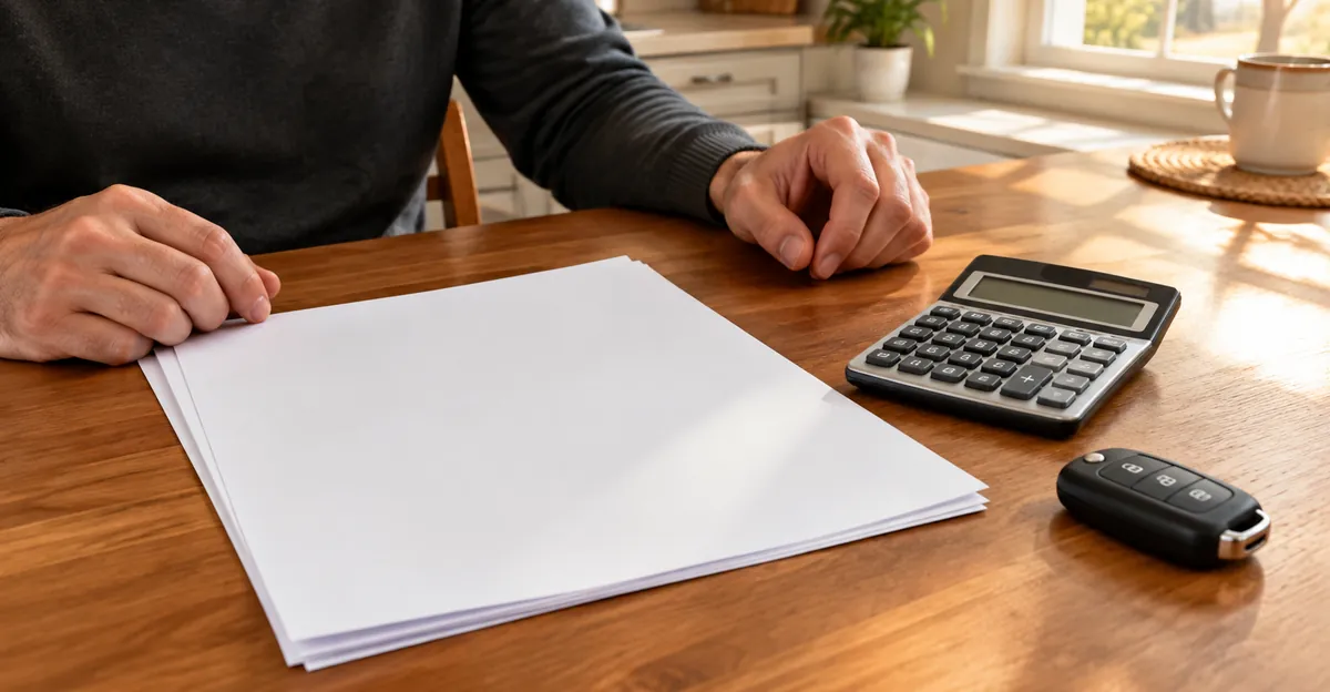 Person reviewing a lease payoff statement and insurance settlement papers at a kitchen table