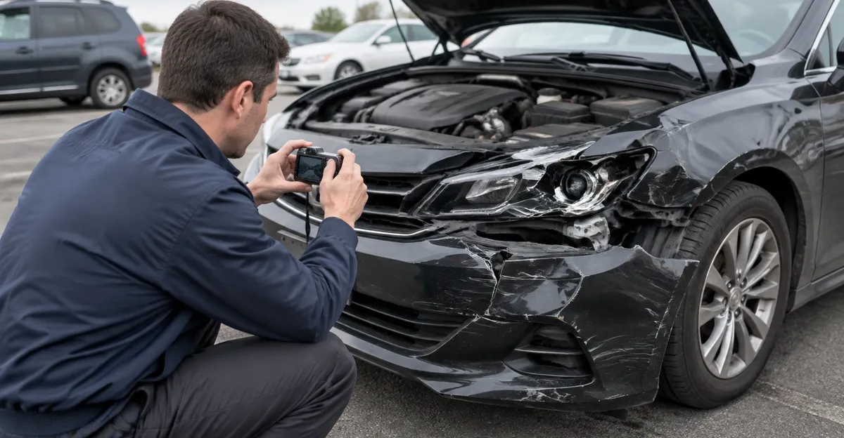 Insurance adjuster photographing a damaged but upright sedan in a U.S. claims lot