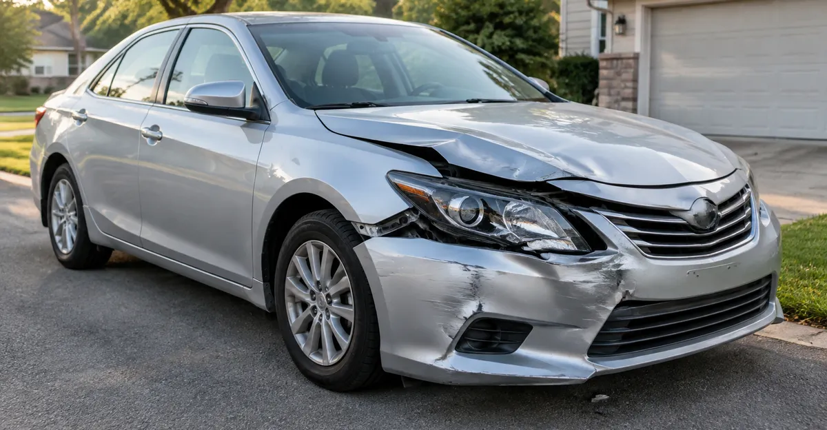 Sedan with front-end damage parked on a U.S. residential driveway, still upright and intact enough to roll