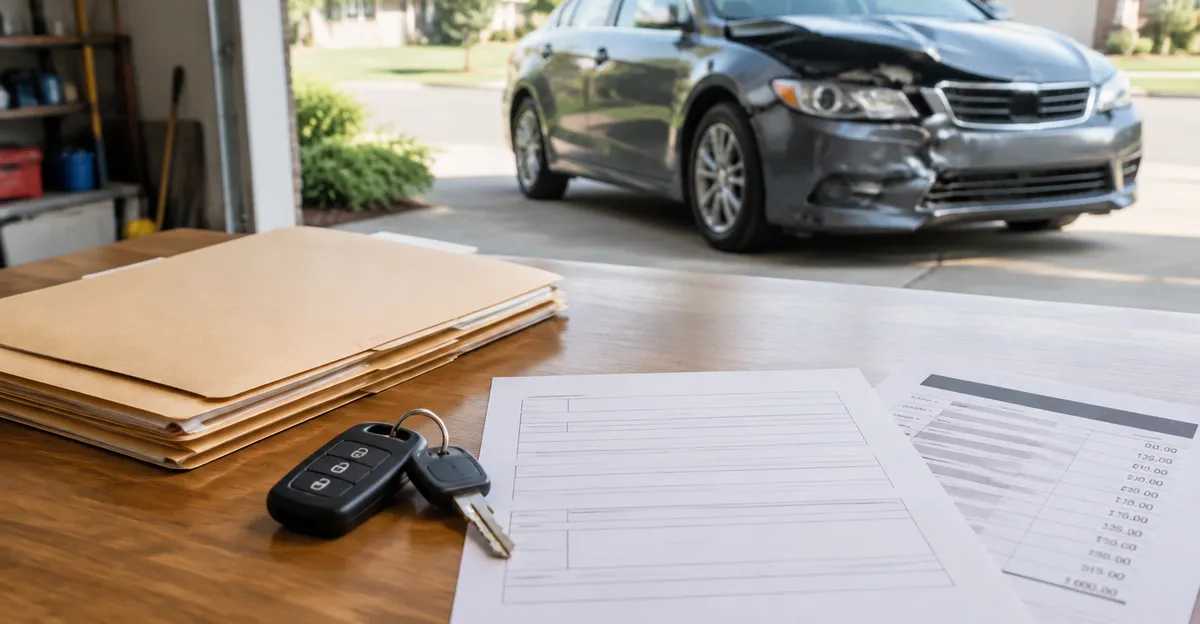 Owner comparing a salvage-title packet and repair estimate beside a damaged sedan in a driveway
