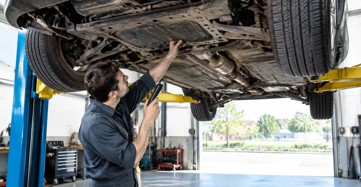 Mechanic inspecting undercarriage of a used car on a lift in a shop