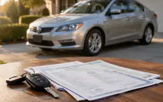 Open vehicle title paperwork and car keys on a table beside a used sedan