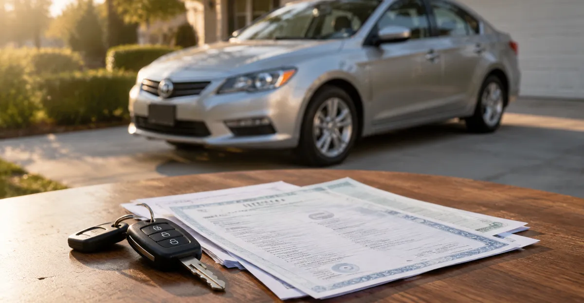 Open vehicle title paperwork and car keys on a table beside a used sedan