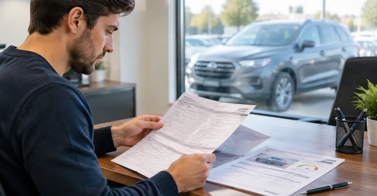 Buyer reviewing title and history report at a desk before signing paperwork