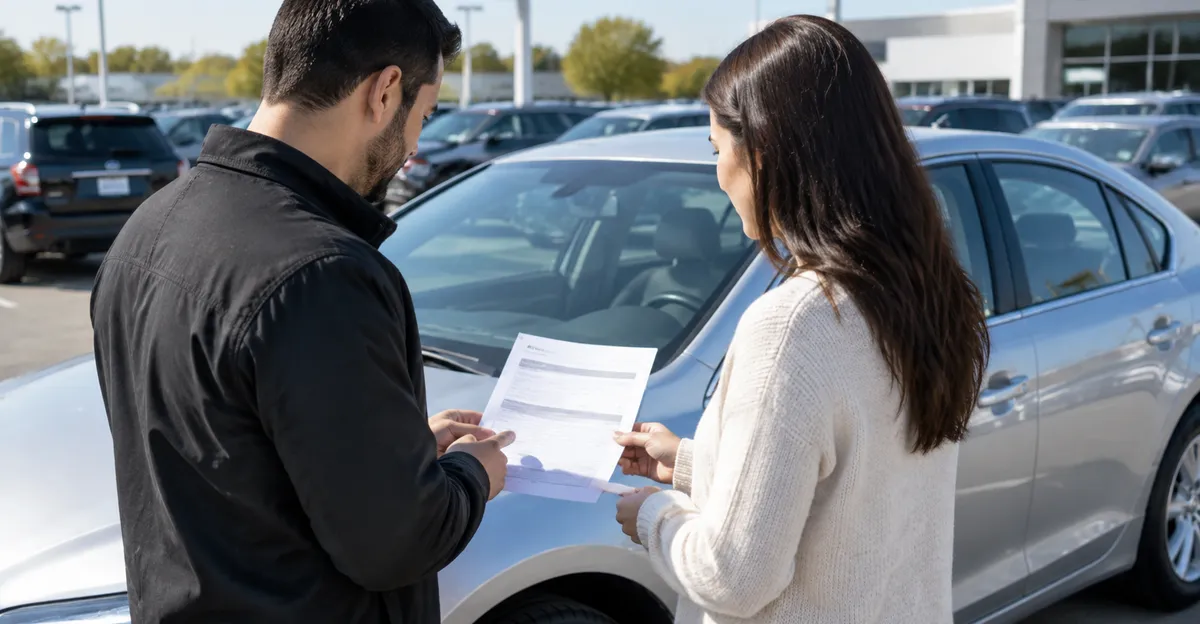 Buyer and seller reviewing a VIN title printout next to a used sedan on a lot