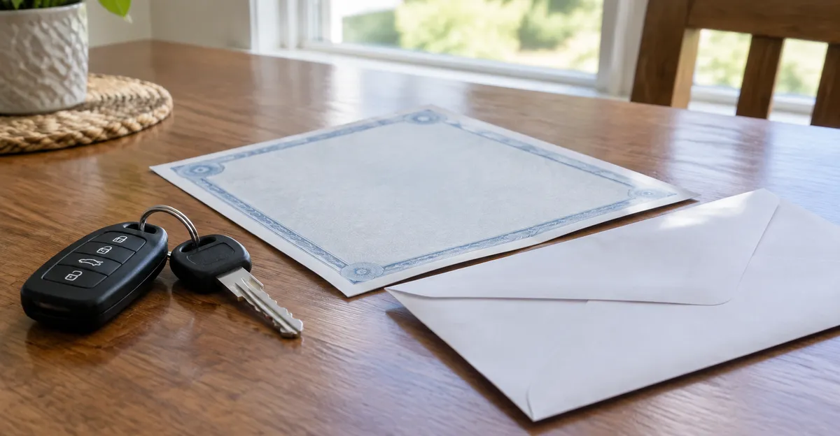 U.S. car title document on a desk beside a set of keys and a payoff letter