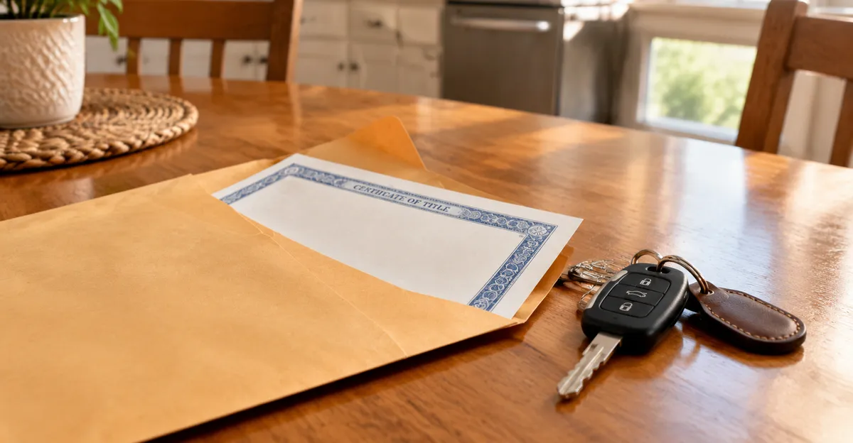 Clear title envelope and car keys on a kitchen table after loan payoff