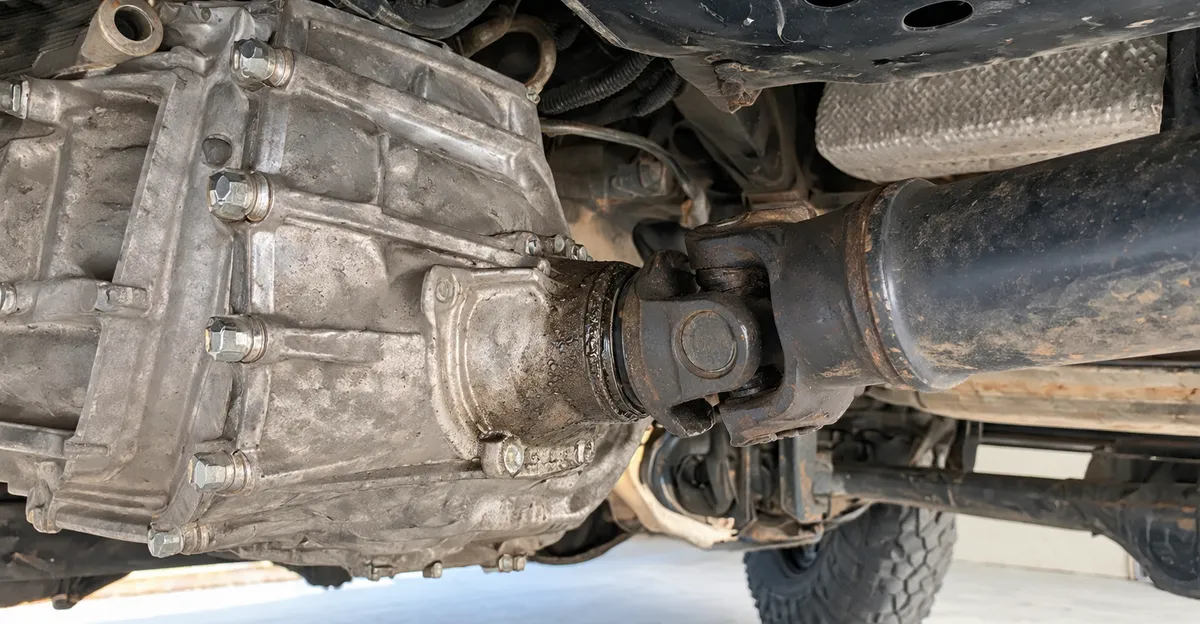 Close view of a truck transfer case output seal and rear driveshaft under the vehicle