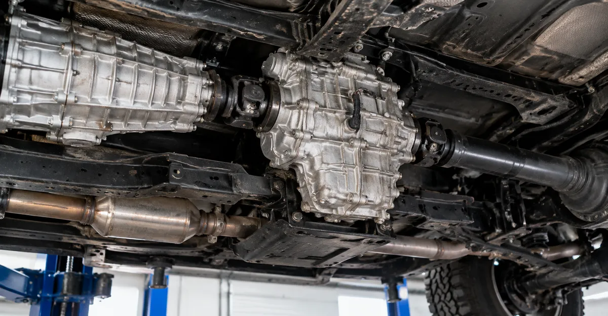 Underside view of a truck transfer case bolted behind the transmission with front and rear driveshafts