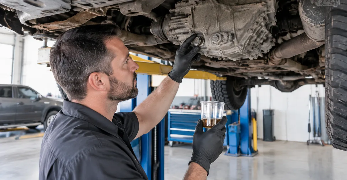 Technician on a lift inspecting a transfer case fill plug and fluid sample on a pickup