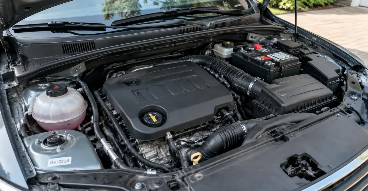 Open hood of a used car with service stickers and fluid reservoirs visible in daylight