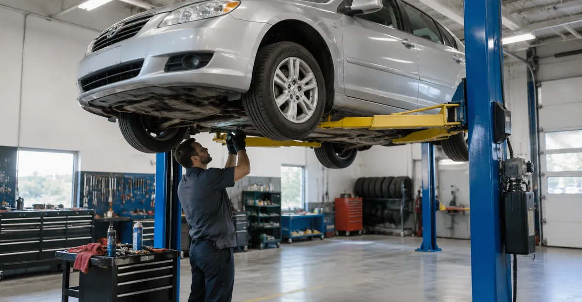 Independent mechanic inspecting a used car on a lift before purchase