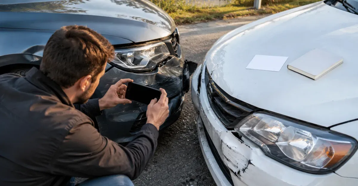 Driver photographing damage on two cars pulled onto a shoulder, insurance cards and a notebook on the hood