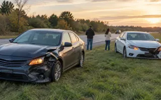 Two cars stopped on a shoulder after a collision with hazard lights on