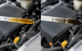 Close-up of dark used engine oil on a dipstick next to fresh amber oil
