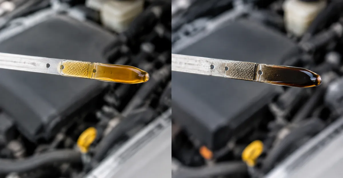 Close-up of dark used engine oil on a dipstick next to fresh amber oil