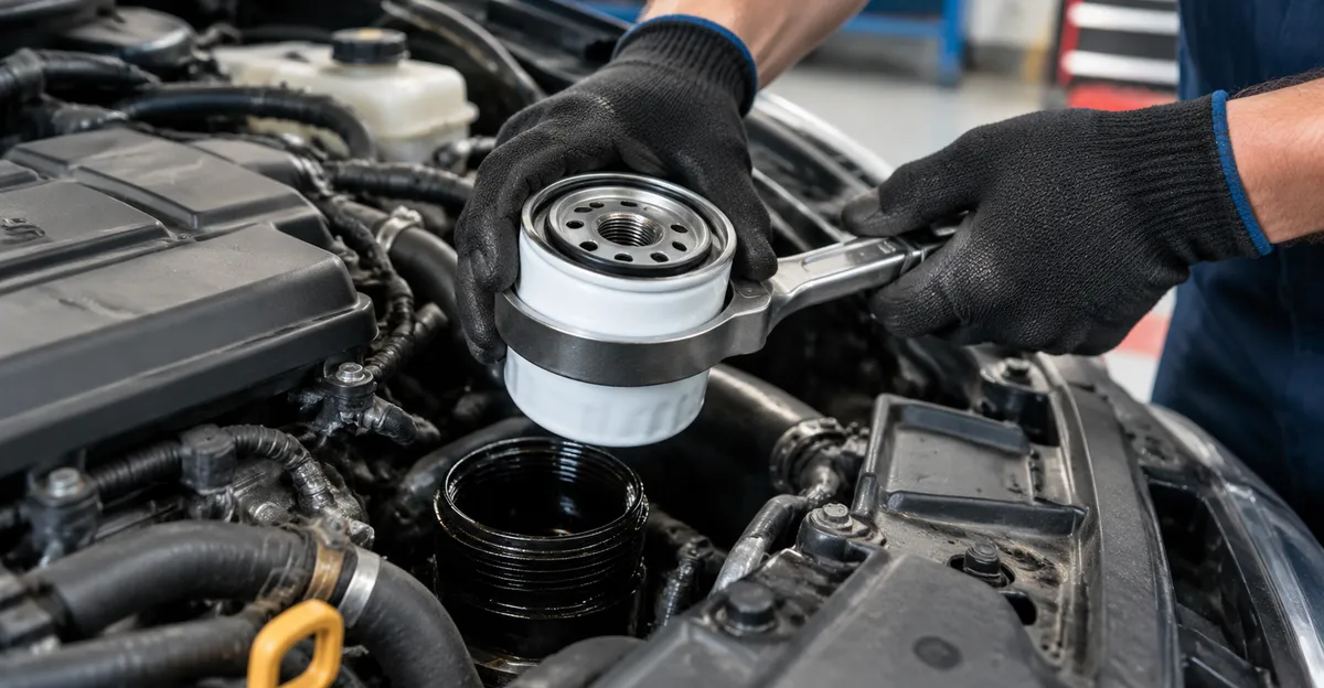 Technician installing a new oil filter during a scheduled oil change