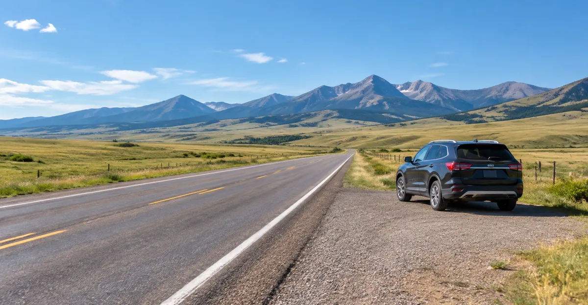Montana open road with a parked passenger car near foothills