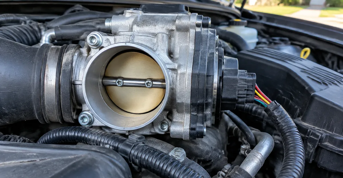 Close view of an electronic throttle body and connector in an open engine bay