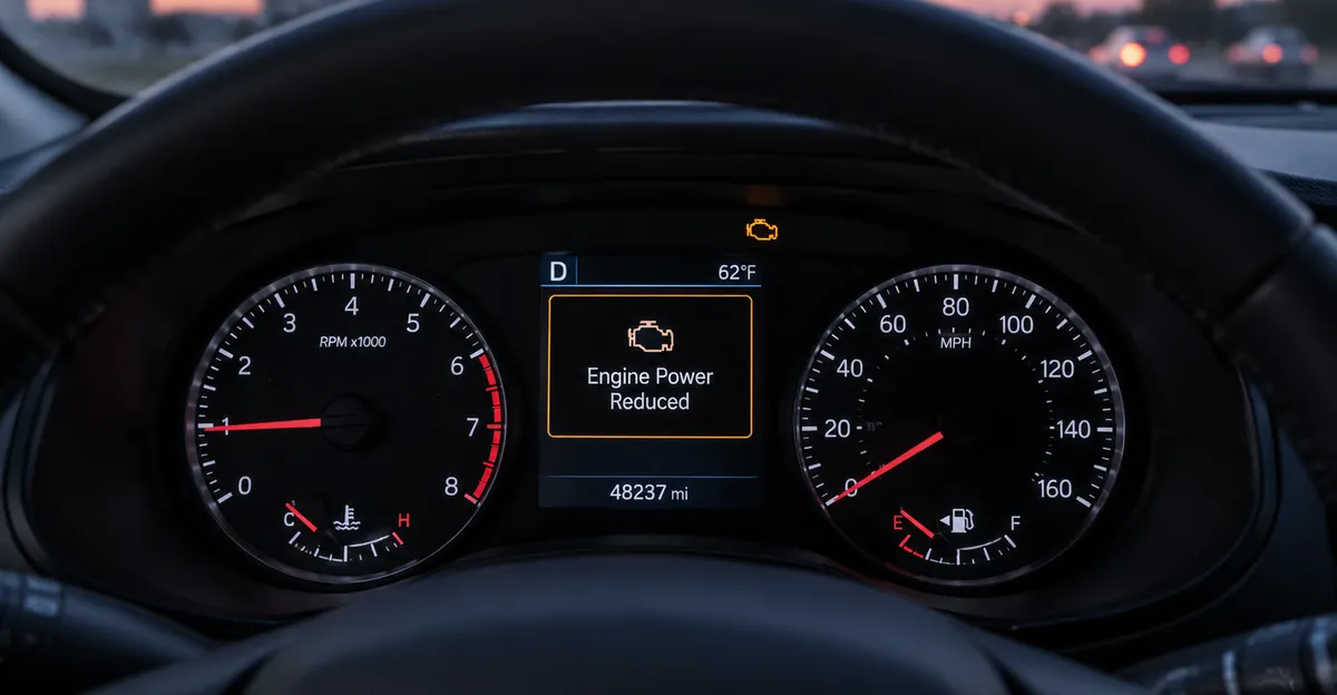 Driver view of a U.S. car instrument cluster showing an Engine Power Reduced warning on the display