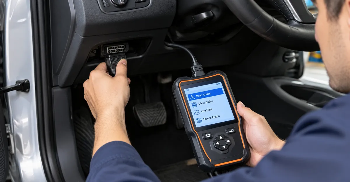 Technician connecting an OBD-II scan tool under a car dashboard