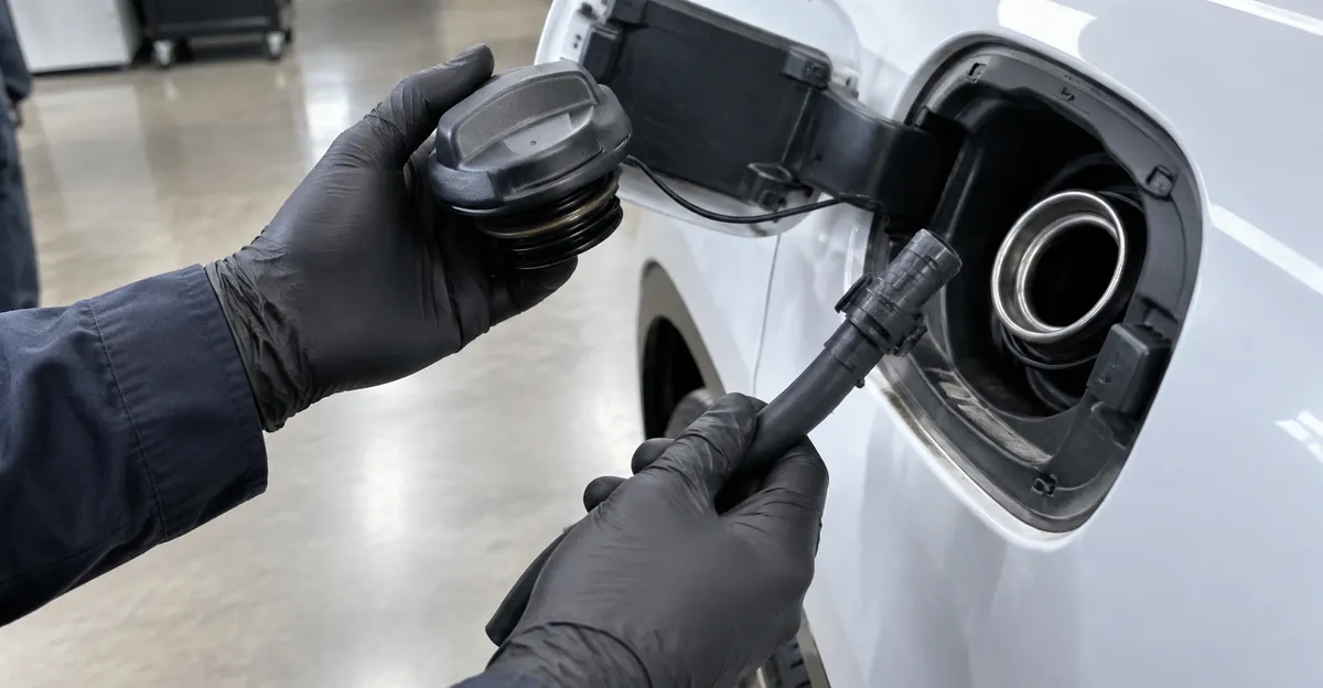 A technician inspecting a fuel cap and vapor hose at the filler neck