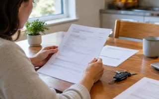 Person reviewing an auto insurance declarations page at a kitchen table