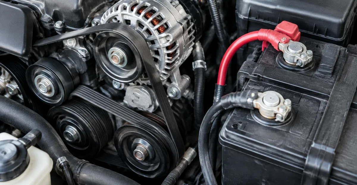 Serpentine belt and alternator area with battery cables inspected under a hood