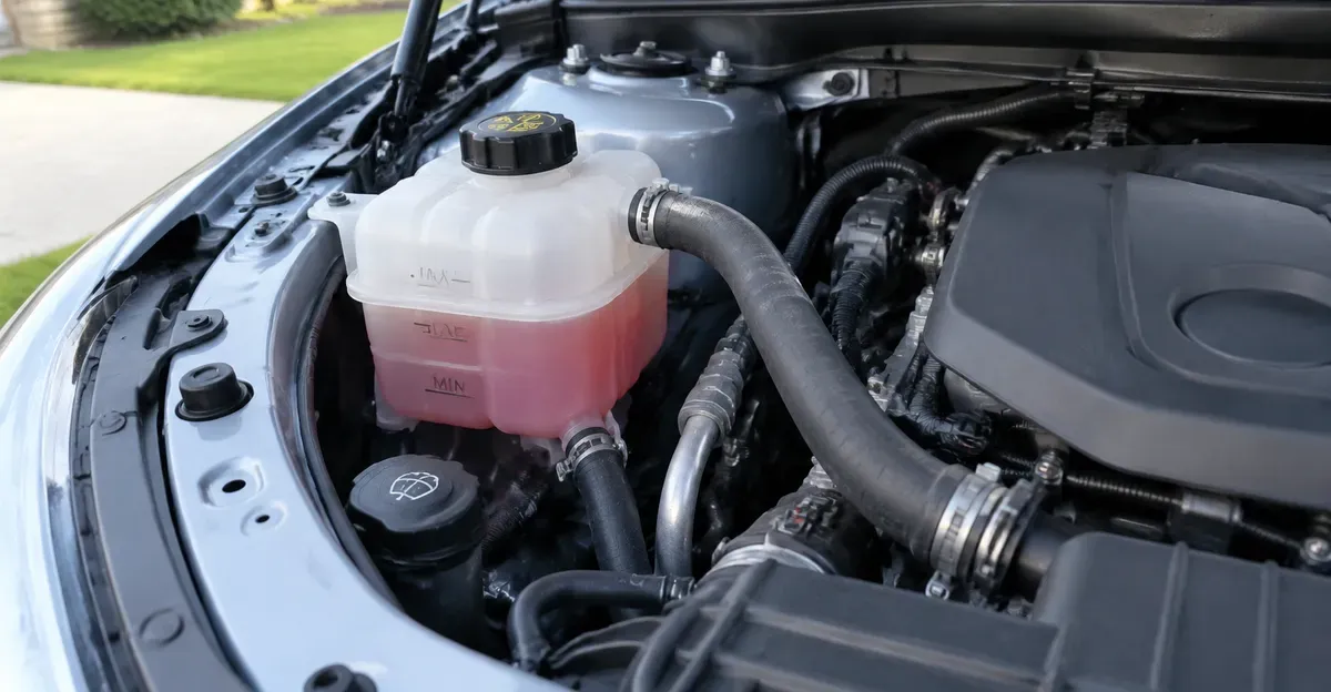 Open hood showing a translucent coolant reservoir and radiator hoses after the engine has cooled
