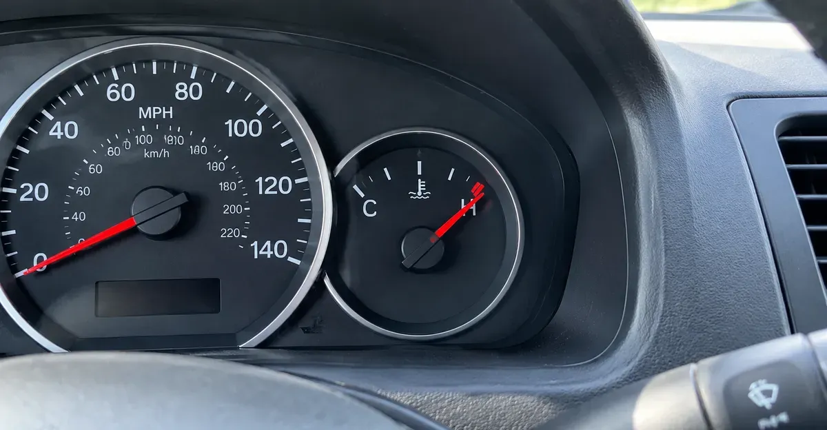 Dashboard temperature gauge climbing toward the red zone on a US vehicle