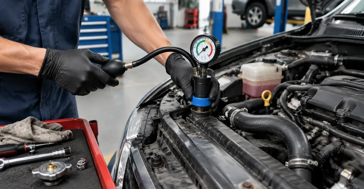 Mechanic pressure-testing a cooling system on a passenger car in a US shop bay