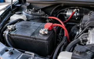 Open hood with battery terminals and starter cable path visible in daylight