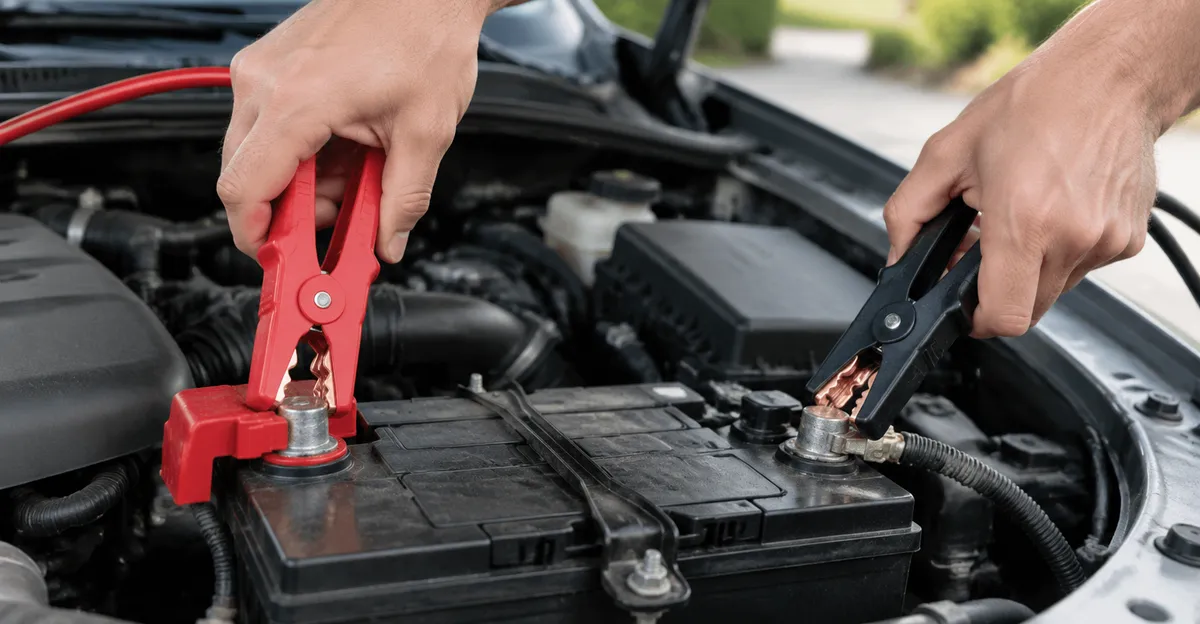 Hands attaching red and black jumper clamps to a car battery